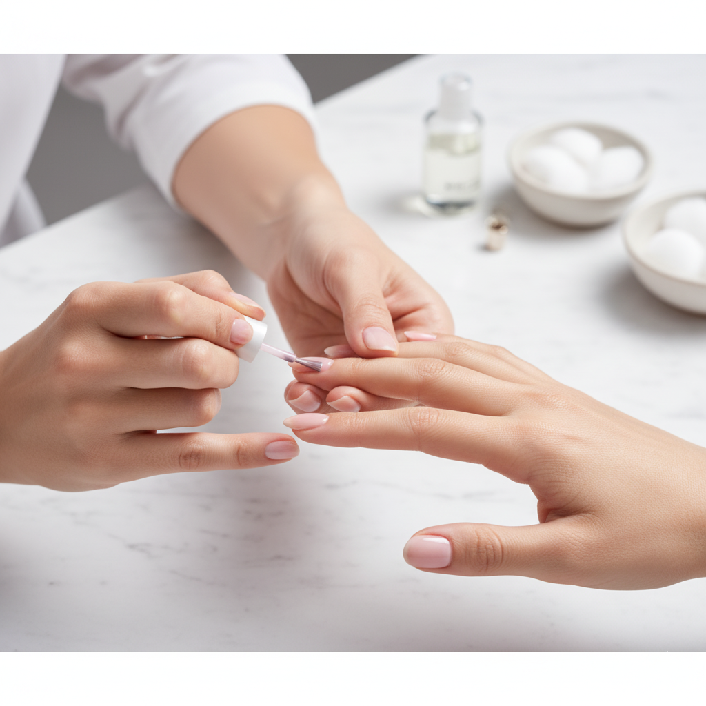 Soft pink polish on natural nails at a white marble manicure table